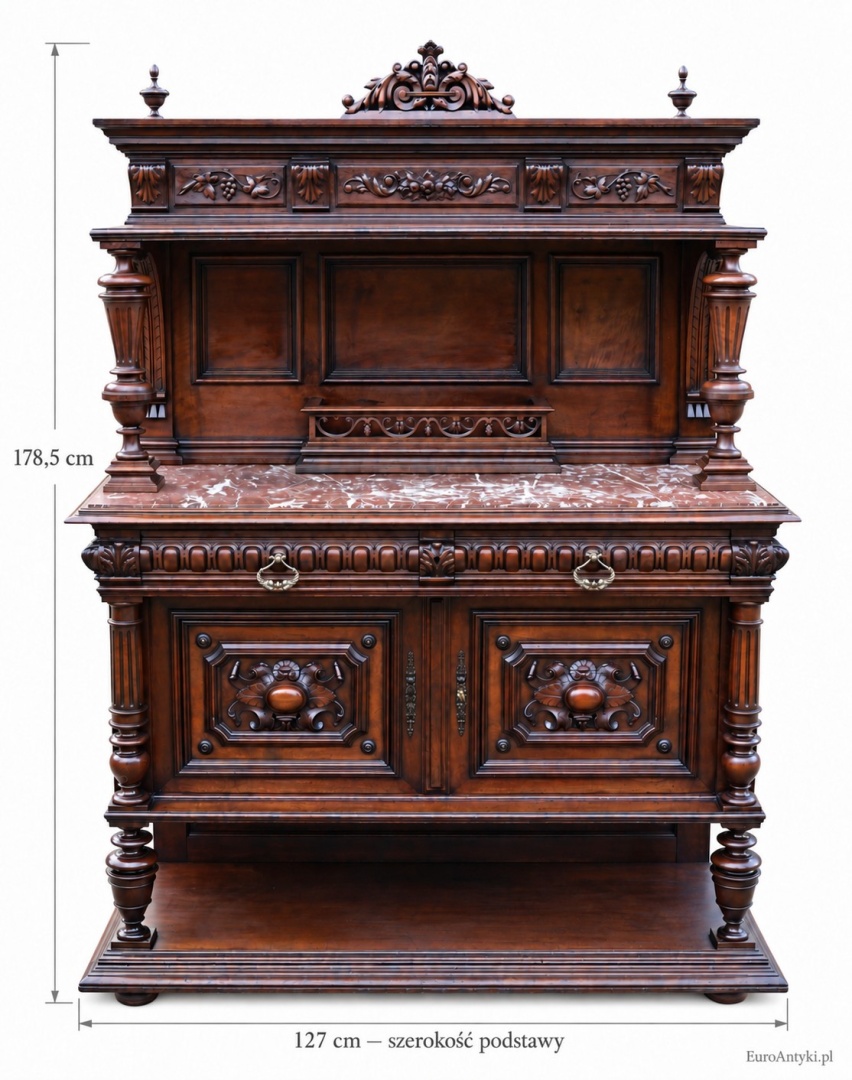 bufet neorenesansowy z oznaczeniem wysokości 178,5 cm i szerokości podstawy 127 cm